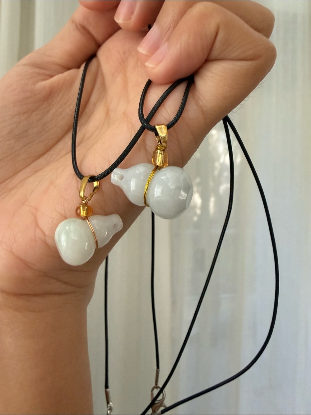 White Ceramic Gourd Pendant Necklace with Gold Accent - Women Jewelry